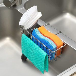 Stainless Steel 3 in 1 Sink Caddy Sponge Brush Dish Cloth Holder Kitchen Access